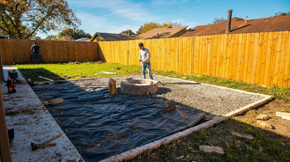 Custom stone fire pit construction in Baytown, TX