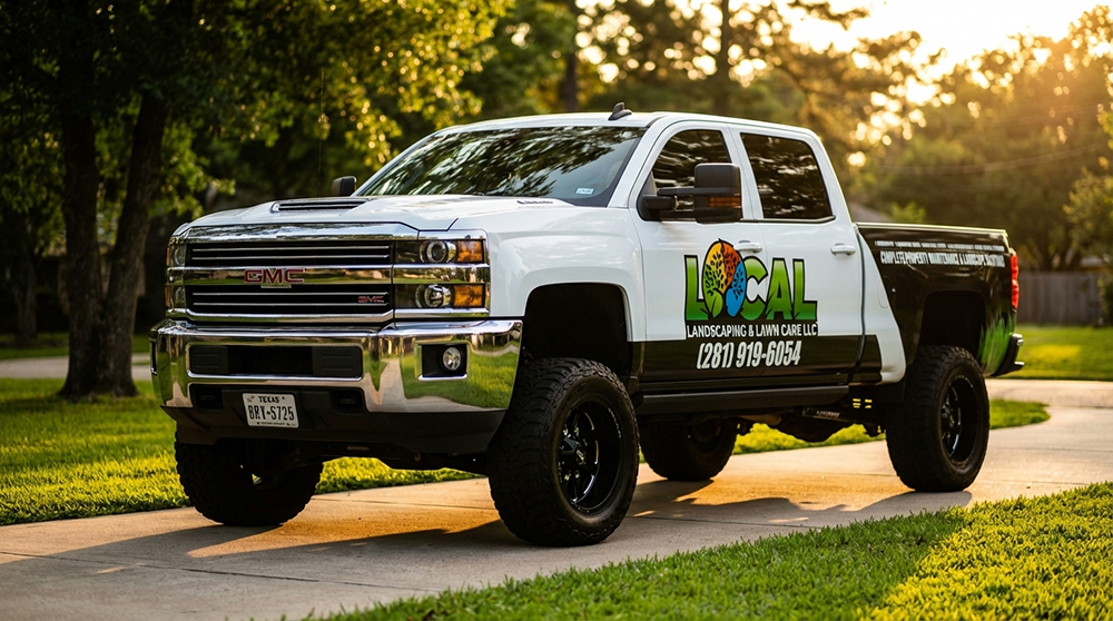 Local Landscaping & Lawn Care branded truck in Baytown, TX